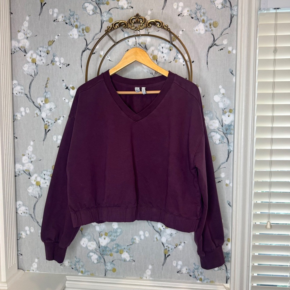 Z by Zella Womens Plum Purple Organic Cotton V-Neck Cropped Sweatshirt Large - Picture 1 of 7